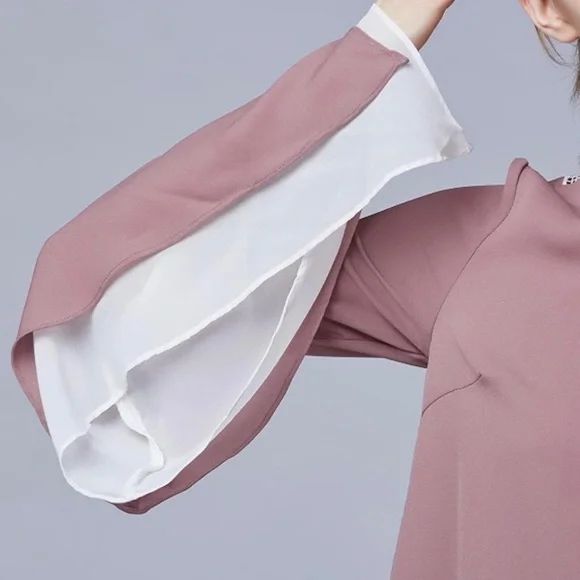 Crochet Lace Back Bell Sleeves Rose Chiffon Blouse - Picture 4 of 8